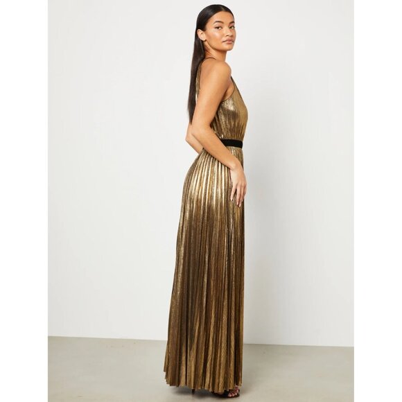 NWT BCBG MaxAzria Starling Gown in Gold Metallic Pleated Halter Maxi Dress S - Picture 9 of 10